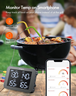 Thermomètre sans fil de gril de Digital avec le moniteur de 4 de sondes de minuterie pi Bluetooth de l'alarme 150